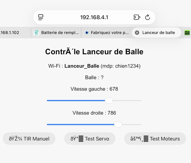 Lanceur de balle Serveur WiFi de paramètrage.